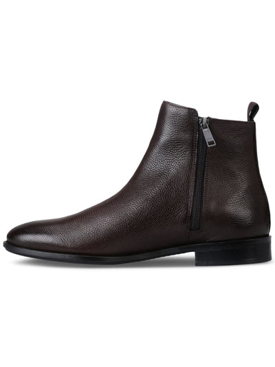 BOSS Mens Brown Heel Pull-Tab Padded Hugo Boss Colby Round Toe Block Heel Zip-Up Leather Booties 10