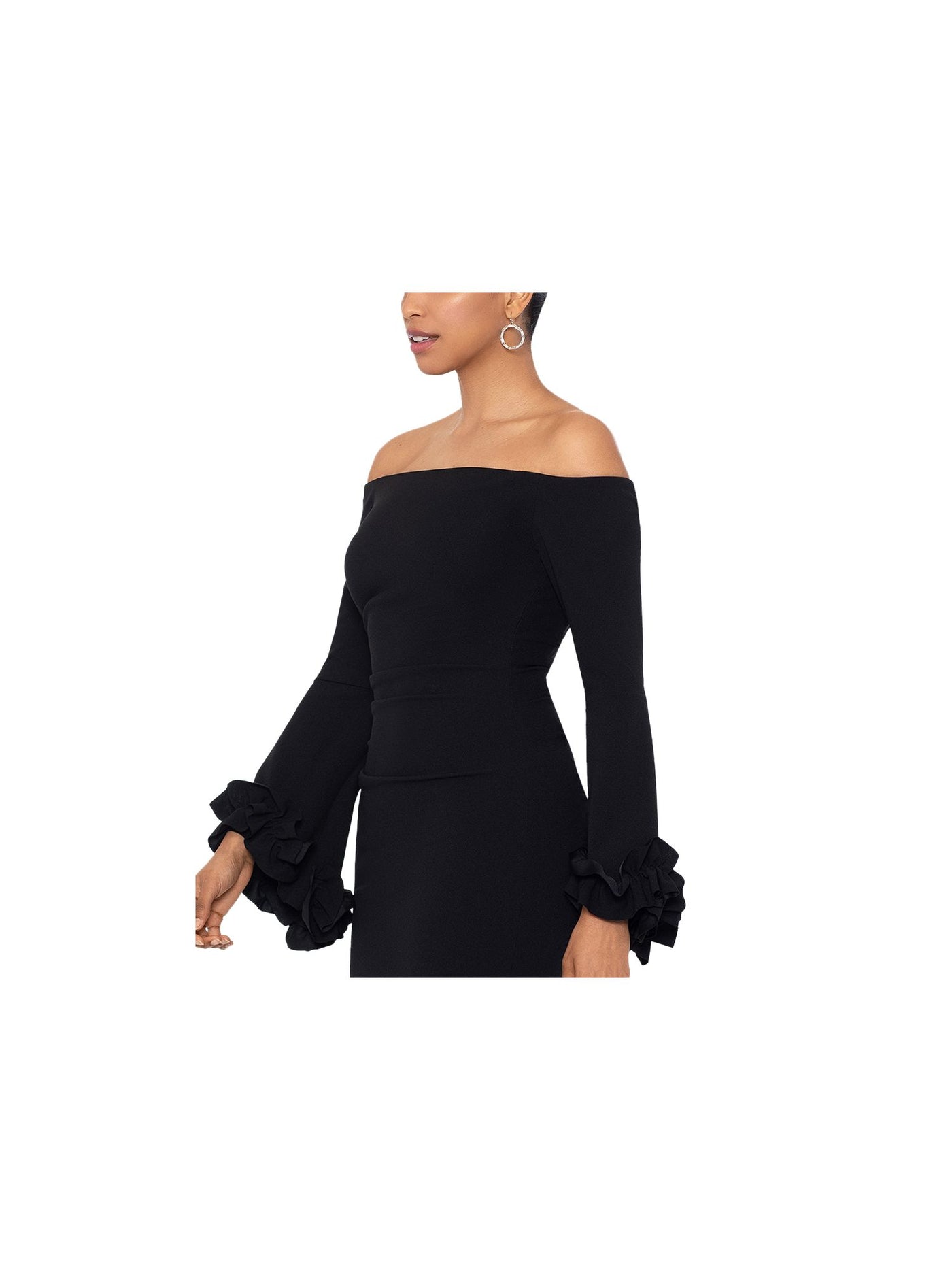 XSCAPE Womens Black Ruched Zippered Ruffle-trim Cuffs Long Sleeve Off Shoulder Knee Length Evening Body Con Dress 12