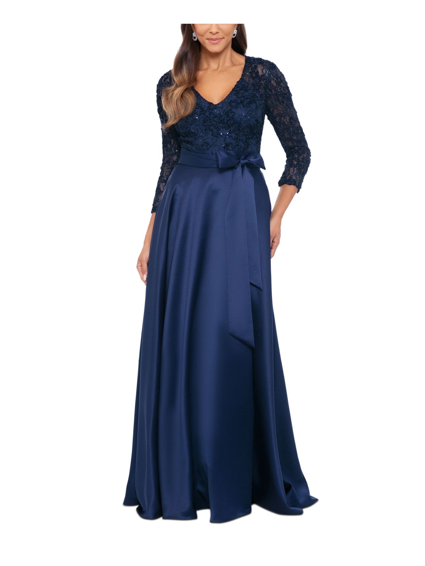 XSCAPE Womens Zippered 3/4 Sleeve V Neck Full-Length Formal Gown Dress