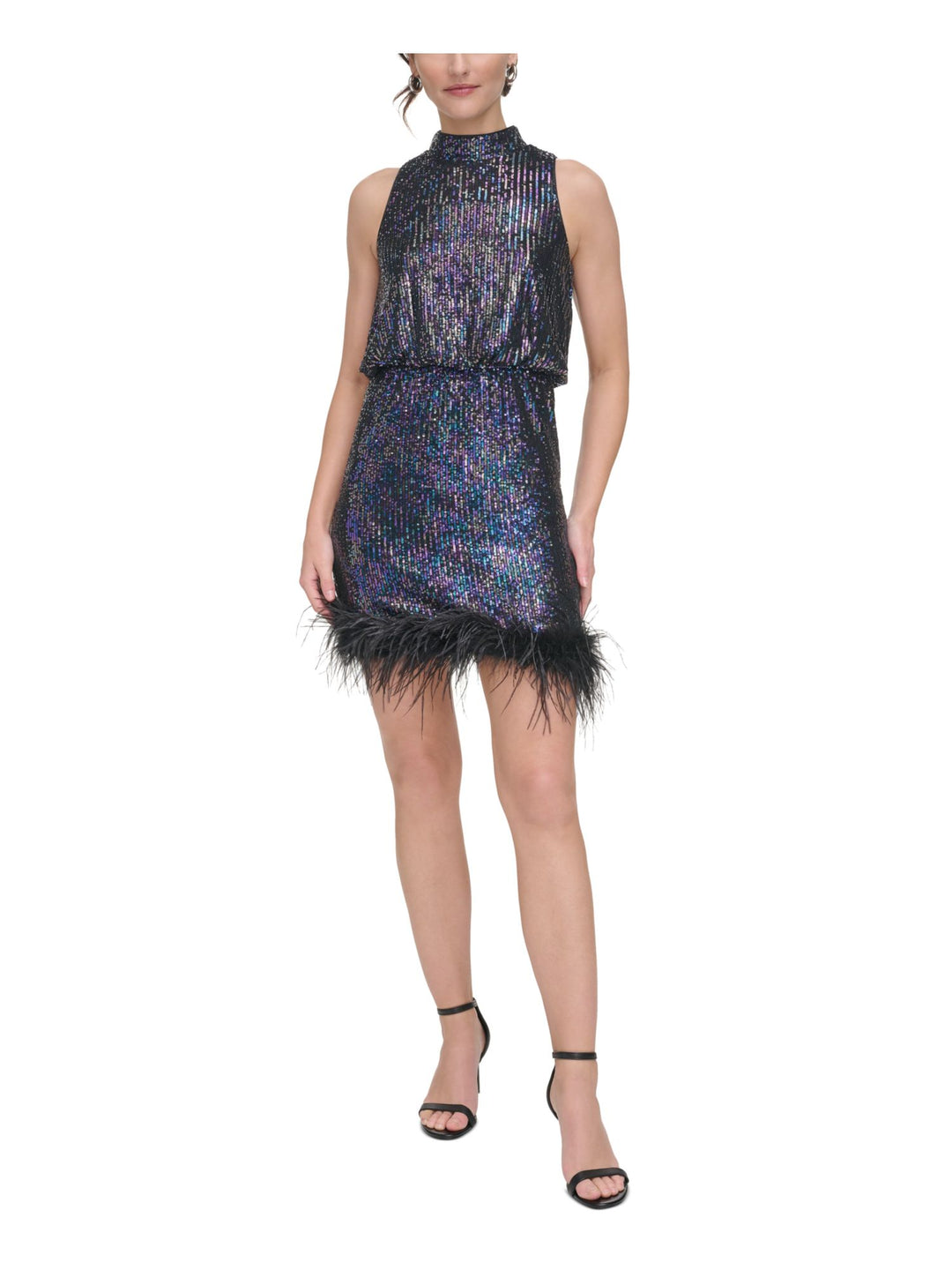 eliza j halter sheath dress Women's Feather-Trim Sequin Mock-Neck - Black Multi illusion corset dress
