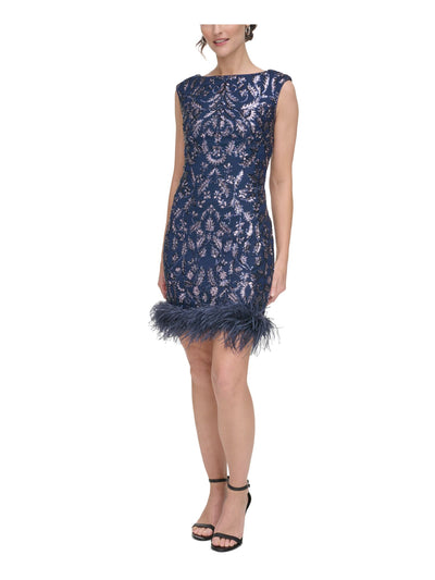 ELIZA J Womens Navy Sequined Zippered Feathered Trim Lined V-back Sleeveless Boat Neck Short Cocktail Body Con Dress 4