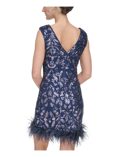 ELIZA J Womens Navy Sequined Zippered Feathered Trim Lined V-back Sleeveless Boat Neck Short Cocktail Body Con Dress 4