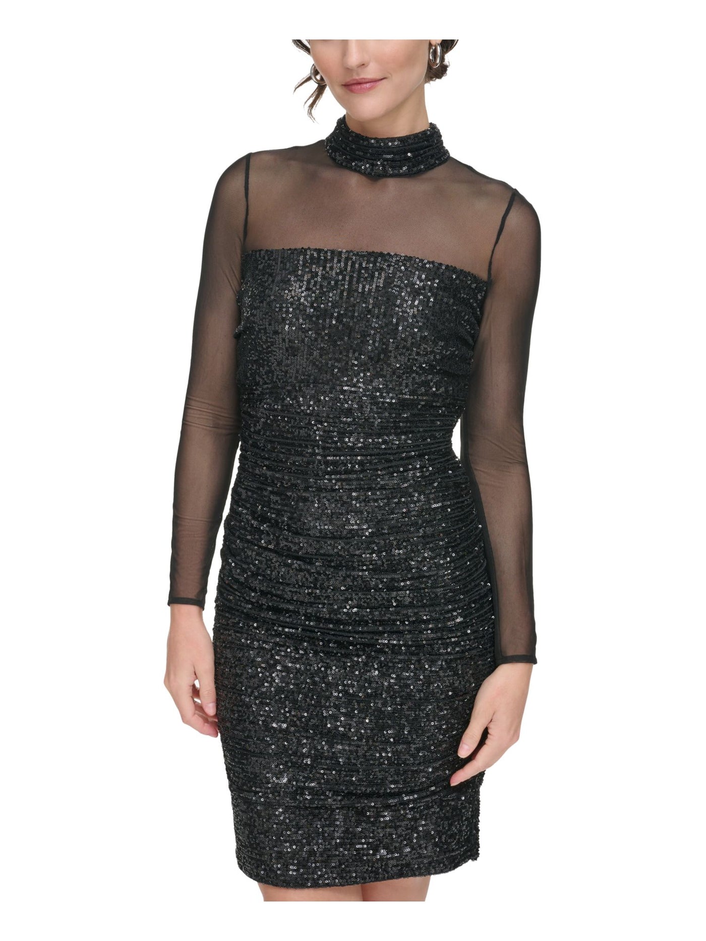 ELIZA J Womens Black Sequined Zippered Back Keyhole Sheer Lined Striped Long Sleeve Mock Neck Short Cocktail Body Con Dress 8