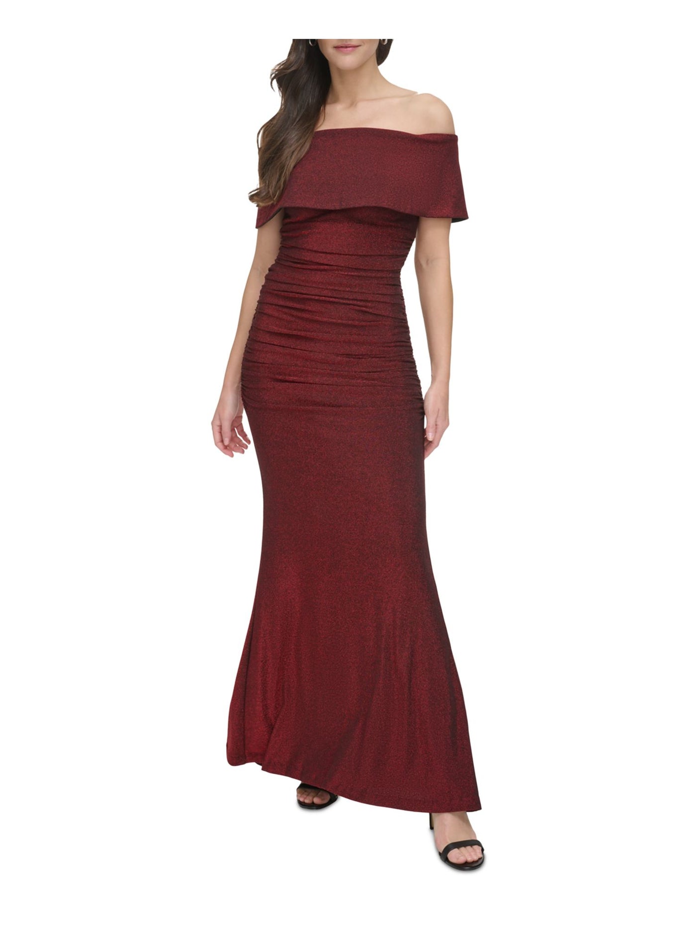 VINCE CAMUTO Womens Red Ruched Metallic Zippered Lined Padded Short Sleeve Off Shoulder Full-Length Evening Gown Dress 10