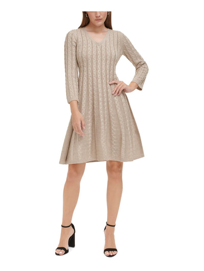 JESSICA HOWARD Womens Beige Unlined Pullover Long Sleeve V Neck Above The Knee Sweater Dress S