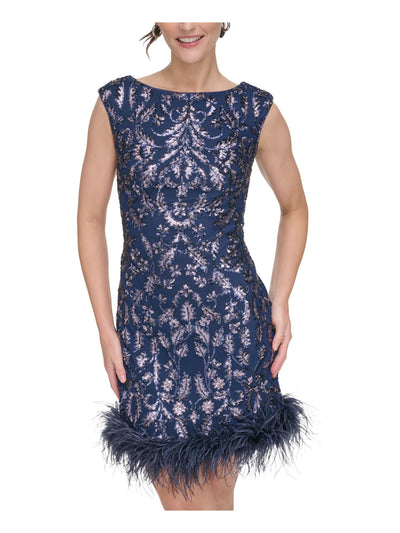 ELIZA J Womens Navy Zippered Lined Feather Trimmed Hem Cap Sleeve Boat Neck Short Party Sheath Dress Petites 8P