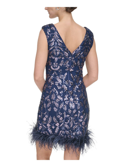 ELIZA J Womens Navy Zippered Lined Feather Trimmed Hem Cap Sleeve Boat Neck Short Party Sheath Dress Petites 8P