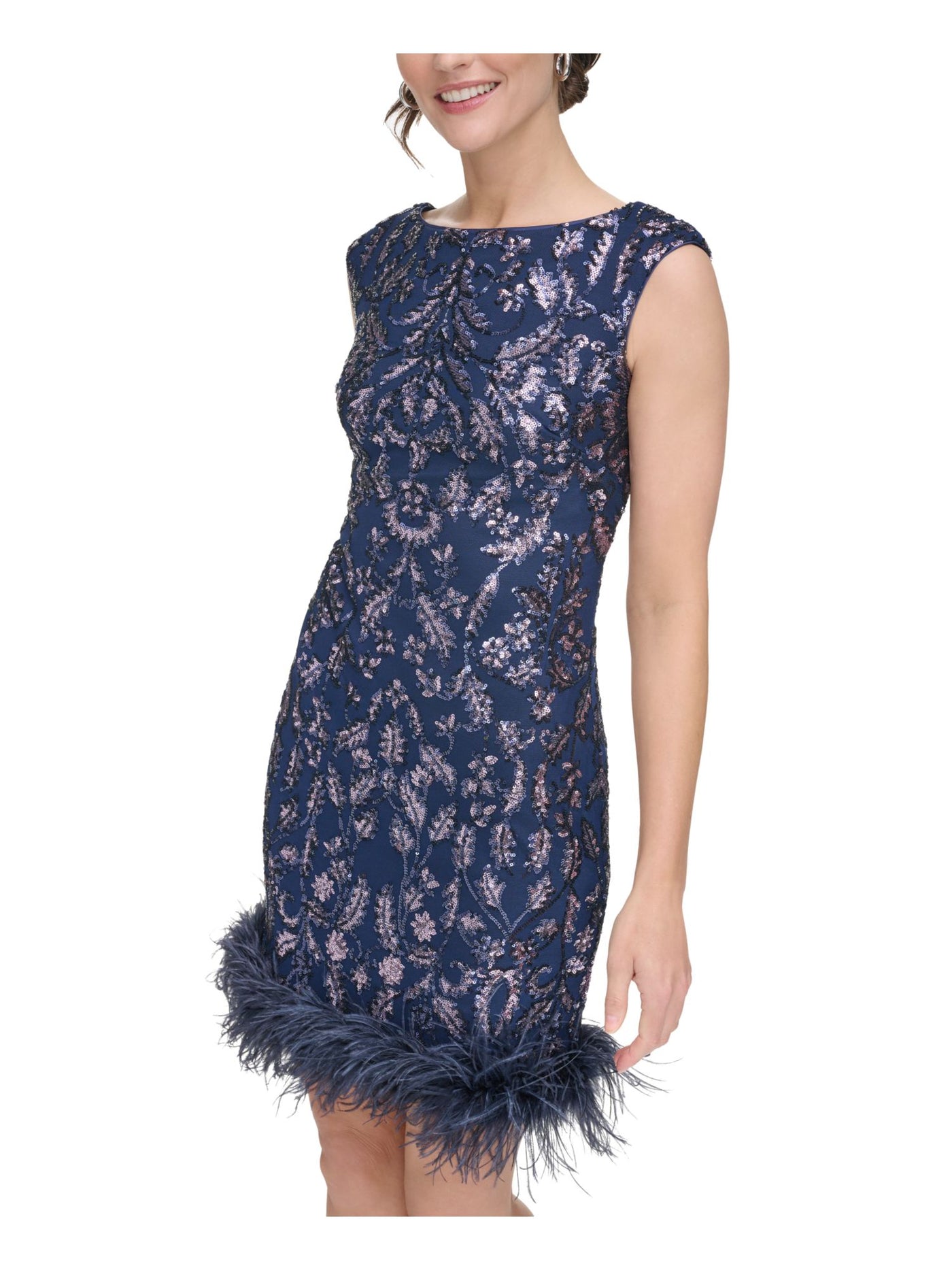 ELIZA J Womens Navy Zippered Lined Feather Trimmed Hem Cap Sleeve Boat Neck Short Party Sheath Dress Petites 8P
