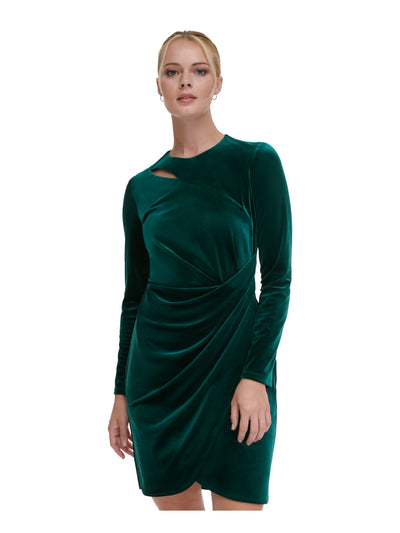 DKNY Womens Green Ruched Zippered Tulip Hem Long Sleeve Jewel Neck Above The Knee Party Sheath Dress 14