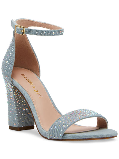 MADDEN GIRL Womens Light Blue Adjustable Ankle Strap Padded Rhinestone Embellished Beella Open Toe Block Heel Buckle Dress Heeled Sandal 6.5 M