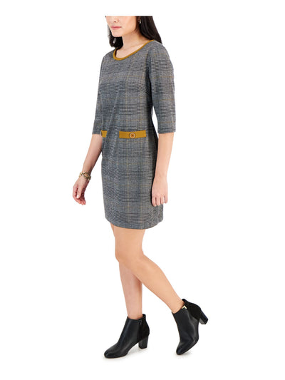 CONNECTED APPAREL Womens Black Plaid 3/4 Sleeve Round Neck Above The Knee Wear To Work Sheath Dress Petites 10P