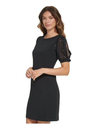 DKNY Womens Black Sequined Zippered Split Sleeve Short Sleeve Round Neck Above The Knee Cocktail Sheath Dress 2