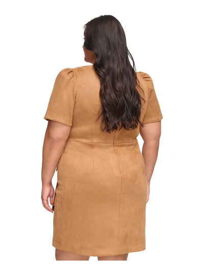 DKNY Womens Brown Zippered Belt Accent Faux-wrap Skirt Pouf Sleeve Round Neck Above The Knee Party Sheath Dress Plus 22W