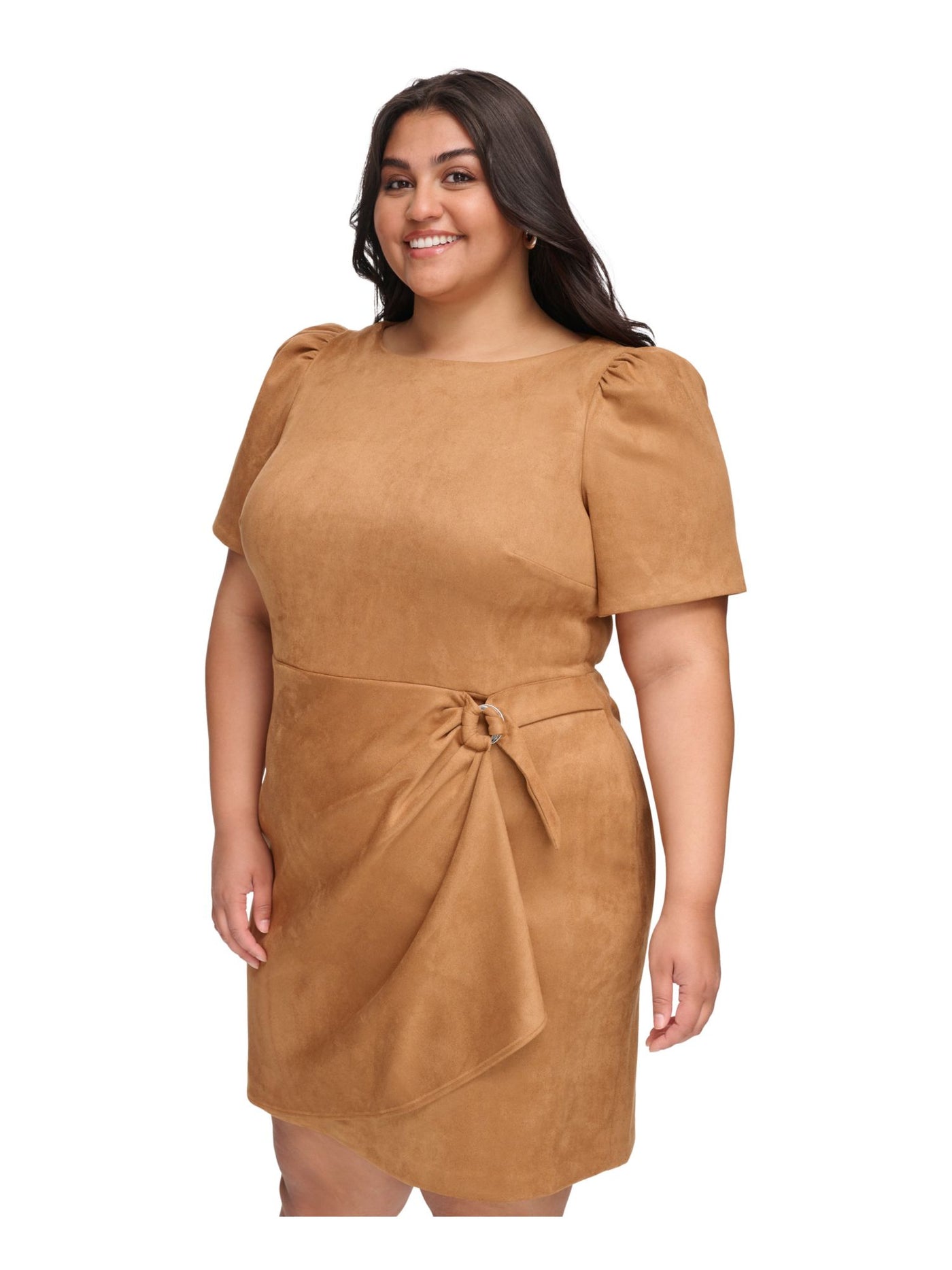DKNY Womens Brown Zippered Belt Accent Faux-wrap Skirt Pouf Sleeve Round Neck Above The Knee Party Sheath Dress Plus 20W