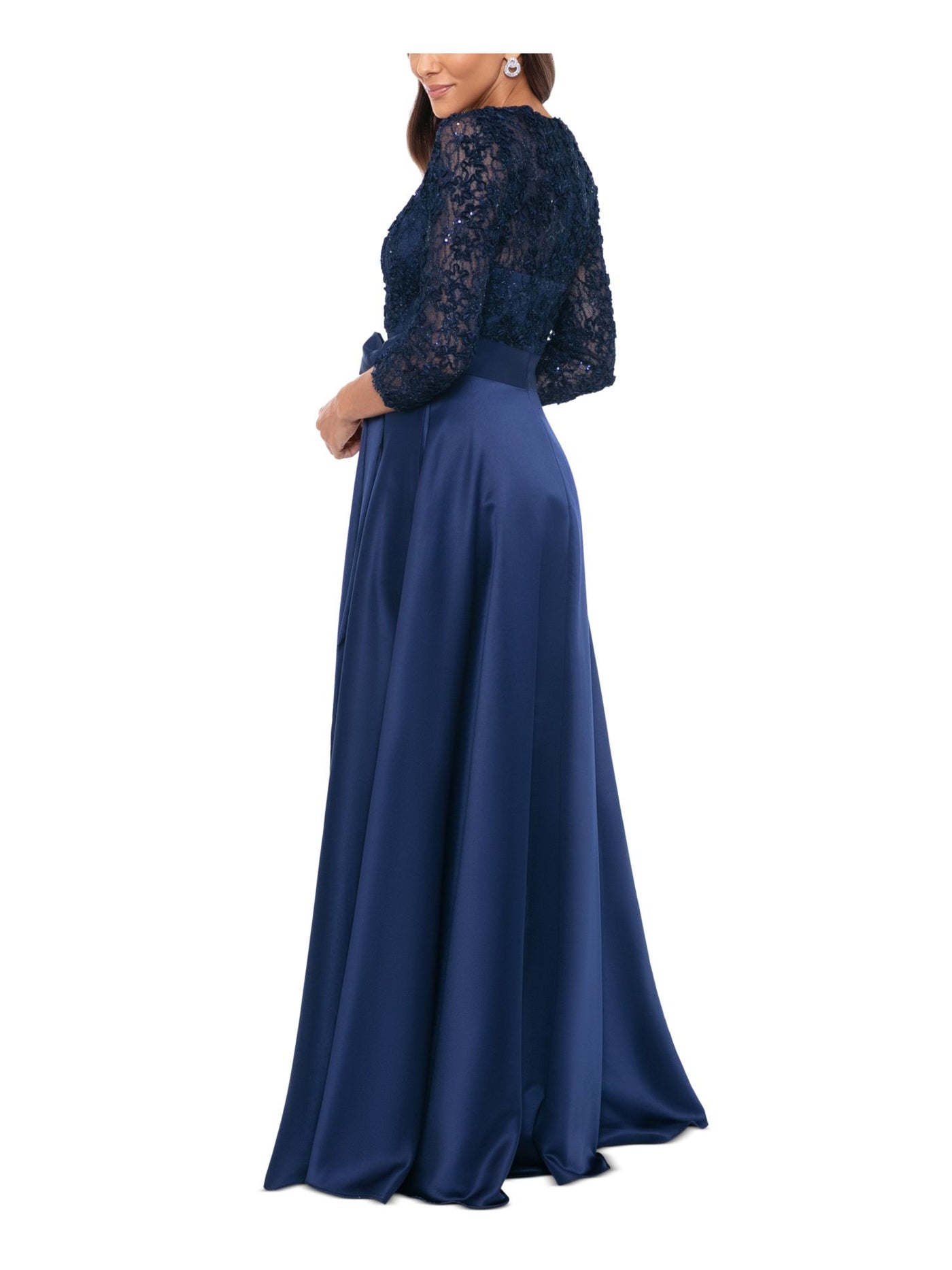 XSCAPE Womens Navy Zippered Lined Wrap Skirt Tie-waist 3/4 Sleeve V Neck Full-Length Formal Gown Dress 4