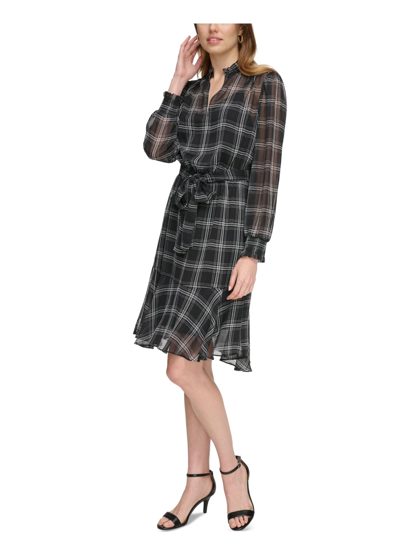 TOMMY HILFIGER Womens Black Ruffled Lined Smocked Cuffs Self-tie Belt Plaid Blouson Sleeve Split Knee Length Wear To Work Fit + Flare Dress 8