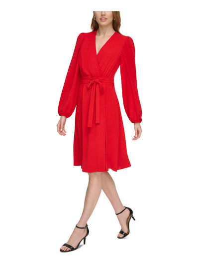 TOMMY HILFIGER Womens Red Zippered Textured Attached Tie Belt Blouson Sleeve Surplice Neckline Midi Wear To Work Faux Wrap Dress 4