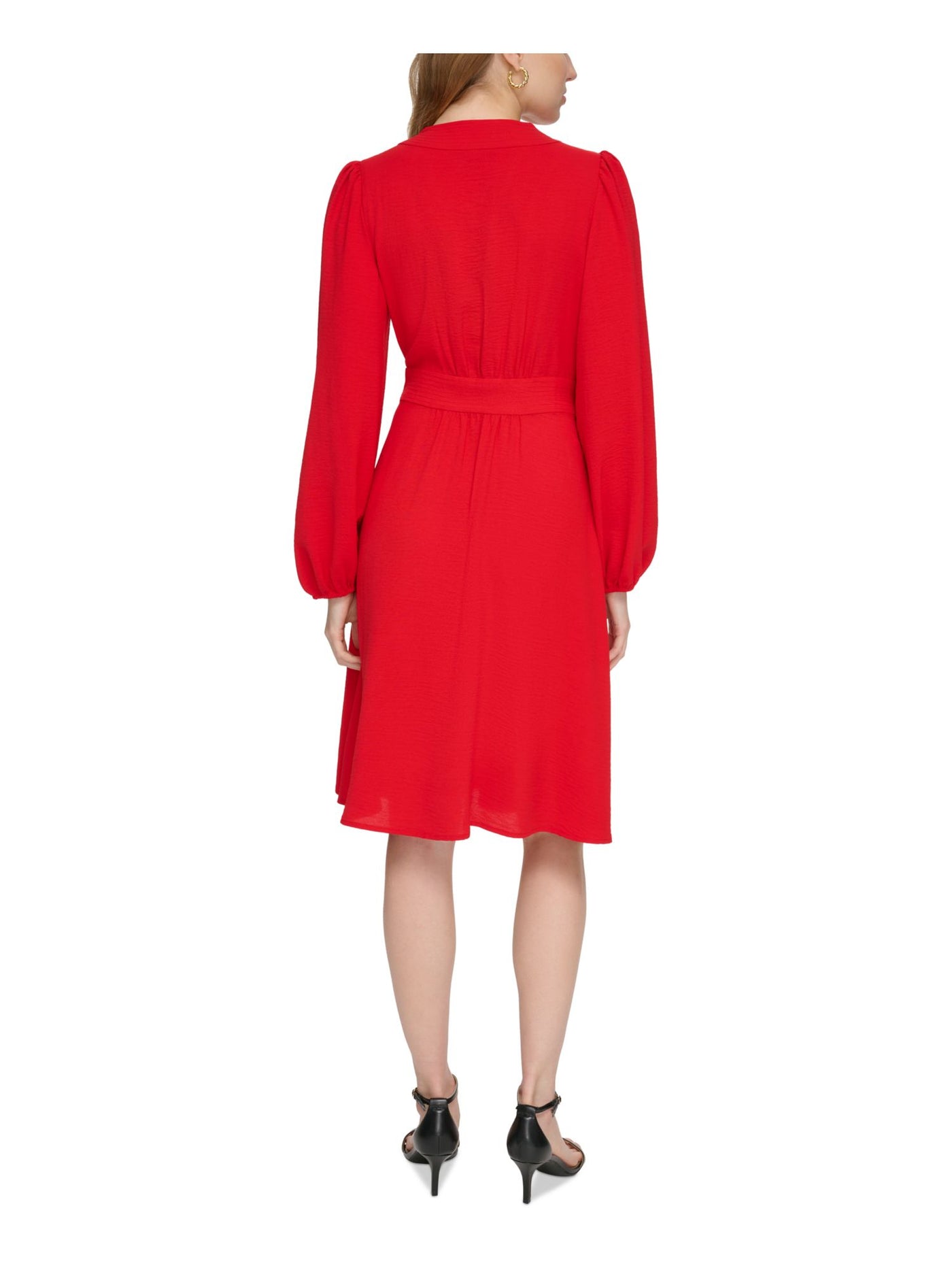 TOMMY HILFIGER Womens Red Zippered Textured Attached Tie Belt Blouson Sleeve Surplice Neckline Midi Wear To Work Faux Wrap Dress 4