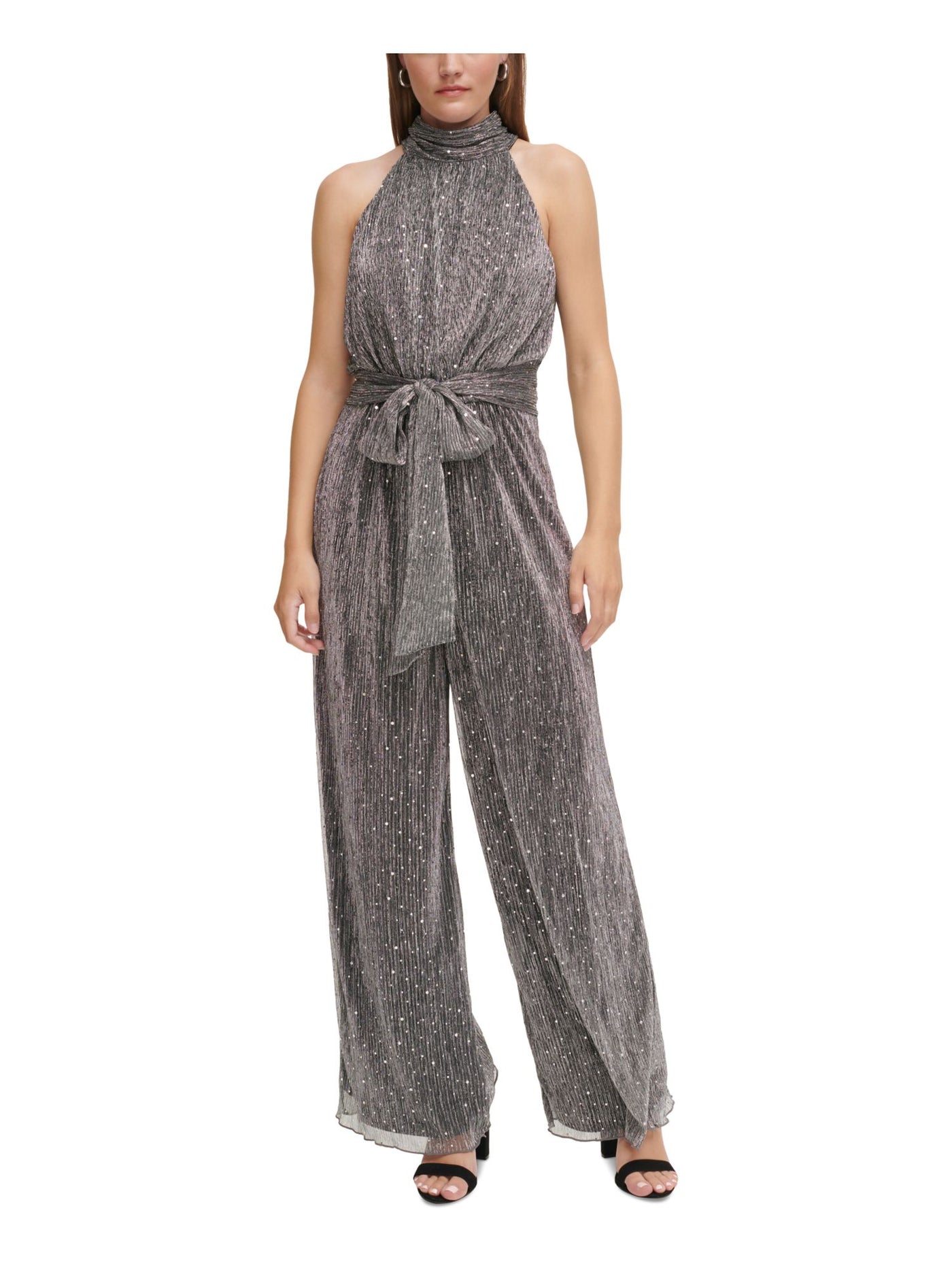 ELIZA J Womens Silver Zippered Lined Keyhole Back Tie-belt Sleeveless Halter Party Wide Leg Jumpsuit 14