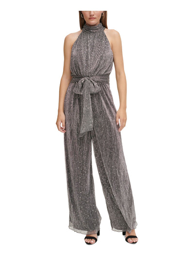 ELIZA J Womens Silver Zippered Lined Keyhole Back Tie-belt Sleeveless Halter Party Wide Leg Jumpsuit 8