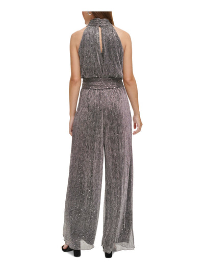 ELIZA J Womens Silver Zippered Lined Keyhole Back Tie-belt Sleeveless Halter Party Wide Leg Jumpsuit 14