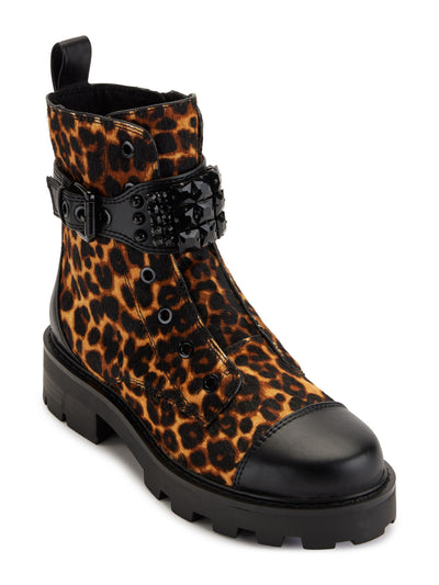KARL LAGERFELD PARIS Womens Brown Animal Print Embellished Buckled Ankle Strap Heel Pull-Tab Padded Lug Sole Maeva Cap Toe Zip-Up Combat Boots 6.5 M