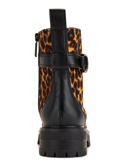 KARL LAGERFELD PARIS Womens Brown Animal Print Embellished Buckled Ankle Strap Heel Pull-Tab Padded Lug Sole Maeva Cap Toe Zip-Up Combat Boots 6.5 M