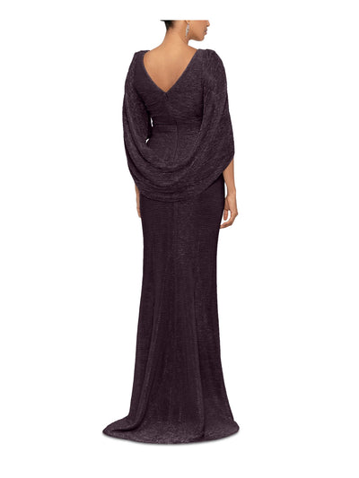 BETSY & ADAM Womens Purple Pleated Zippered Cape-style Drape Back Sleeves Cowl Neck Full-Length Formal Gown Dress 14