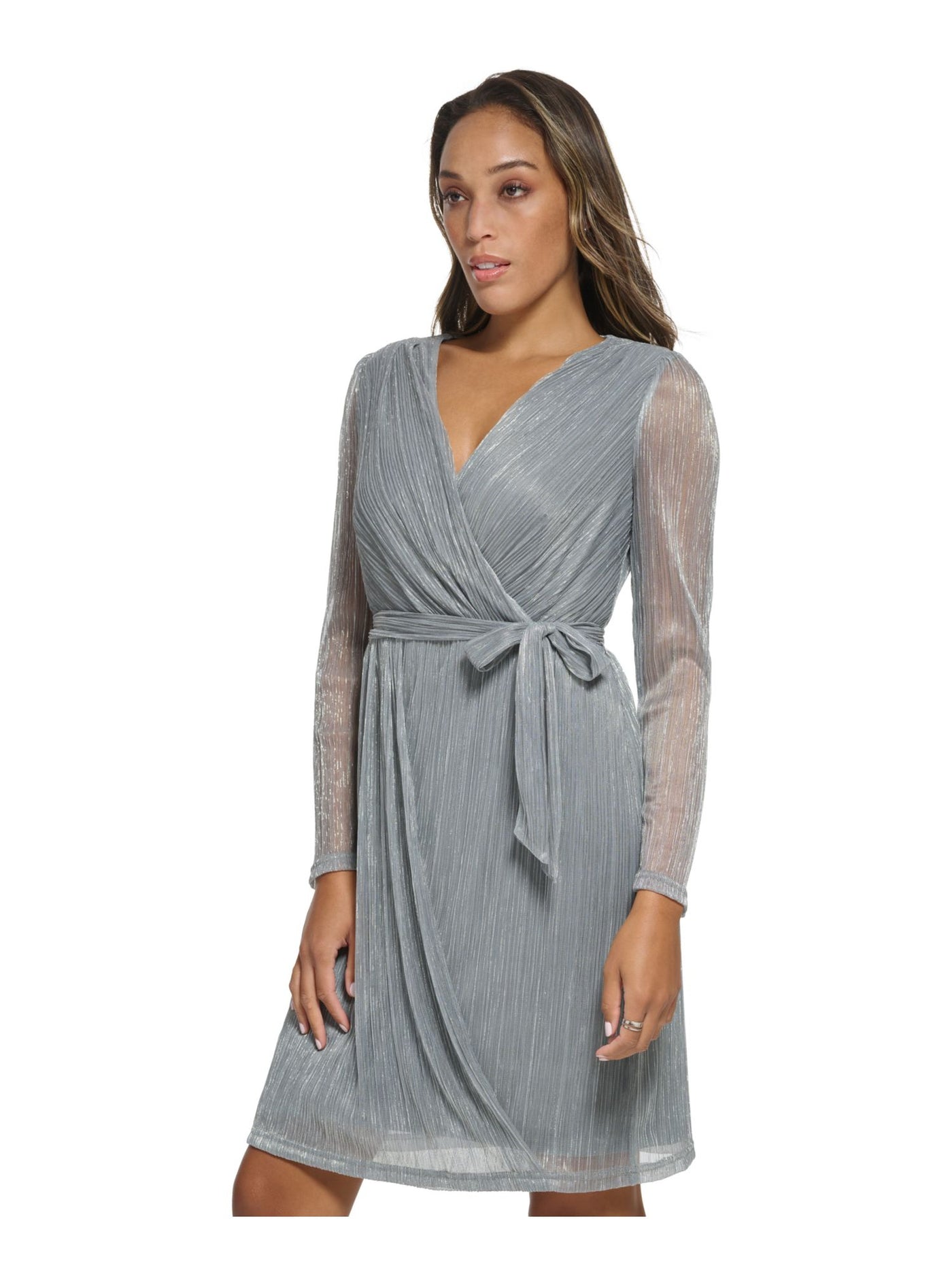 DKNY Womens Gray Zippered Lined Self-tie Belt Long Sleeve Surplice Neckline Above The Knee Party Sheath Dress 4