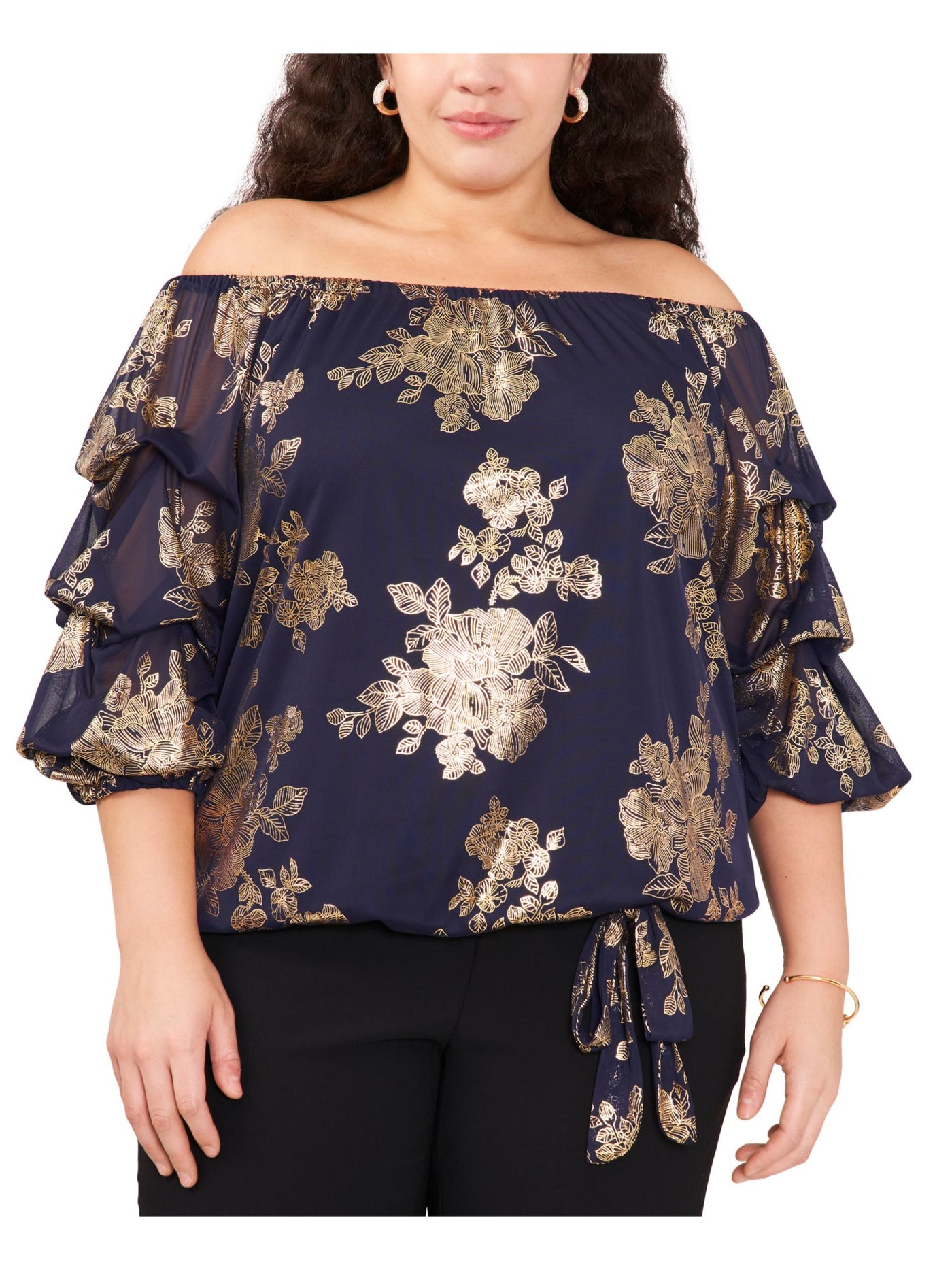 MSK WOMEN Womens Navy Metallic Tie Elastic Lined Tiered Sleeve Floral Pouf Sleeve Off Shoulder Blouse Plus 1X