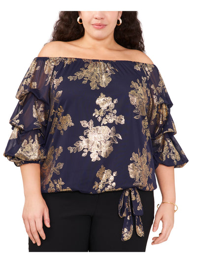 MSK WOMEN Womens Navy Metallic Tie Elastic Lined Tiered Sleeve Floral Pouf Sleeve Off Shoulder Blouse Plus 1X