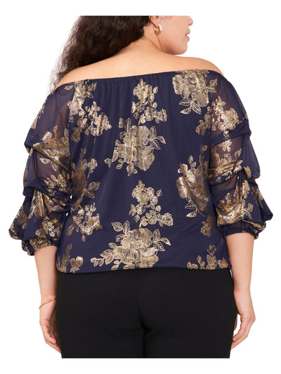 MSK WOMEN Womens Navy Metallic Tie Elastic Lined Tiered Sleeve Floral Pouf Sleeve Off Shoulder Blouse Plus 1X
