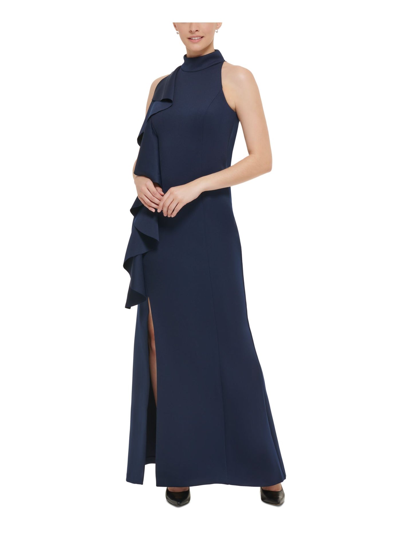 JESSICA HOWARD Womens Navy Zippered Slitted Cascading Ruffle Lined Sleeveless Halter Full-Length Evening Gown Dress Petites 12P