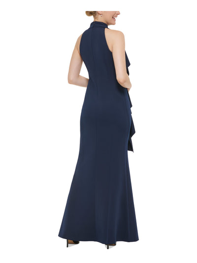 JESSICA HOWARD Womens Navy Zippered Slitted Cascading Ruffle Lined Sleeveless Halter Full-Length Evening Gown Dress Petites 12P