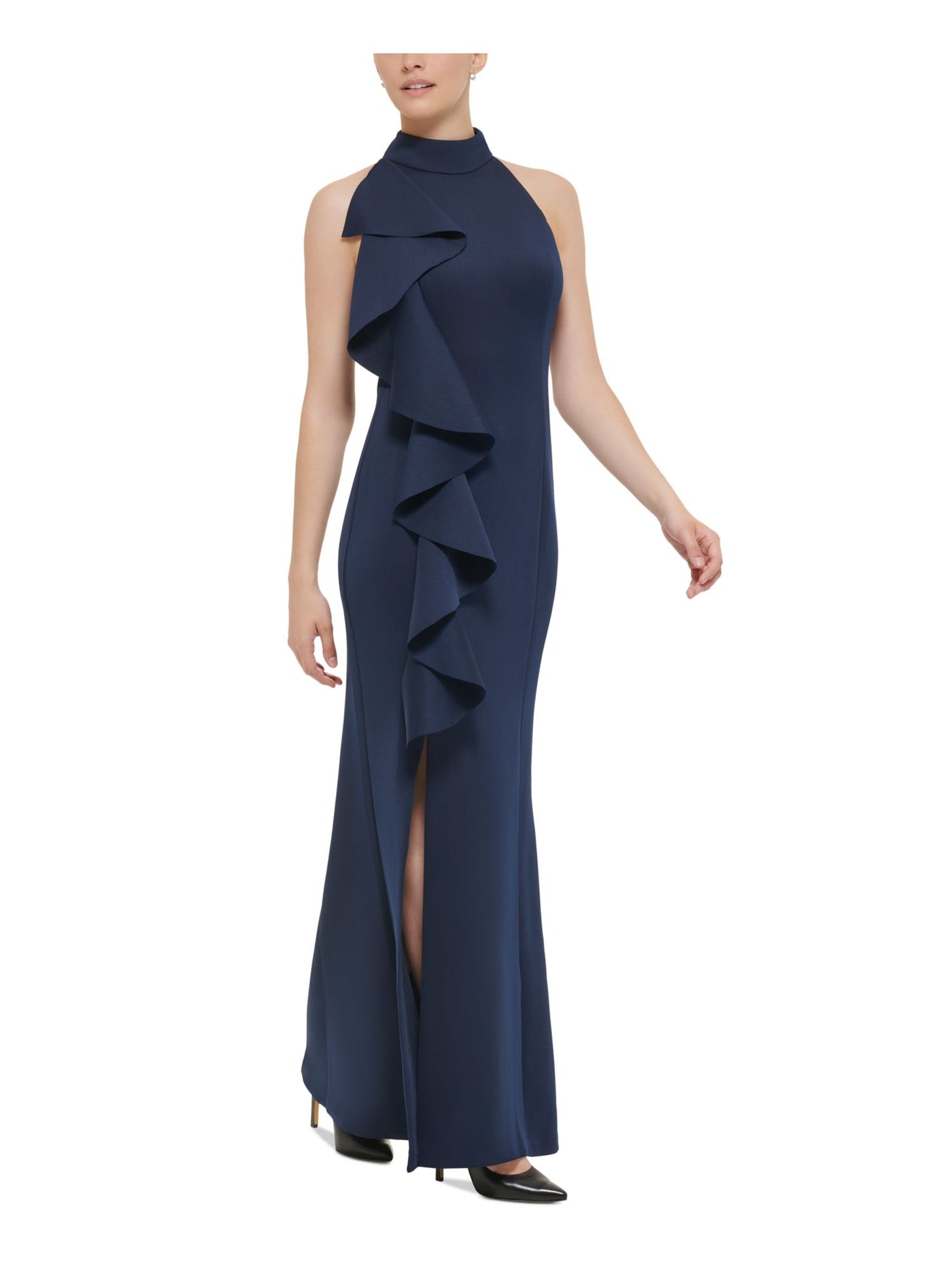 JESSICA HOWARD Womens Navy Zippered Slitted Cascading Ruffle Lined Sleeveless Halter Full-Length Evening Gown Dress Petites 12P