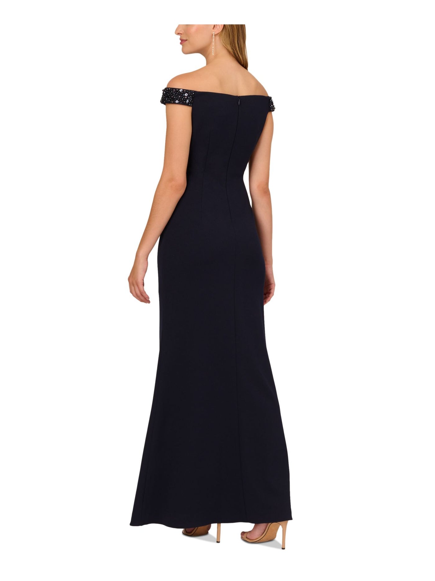 ADRIANNA PAPELL Womens Navy Embellished Zippered Slitted Pleated Lined Short Sleeve Off Shoulder Full-Length Evening Gown Dress 6