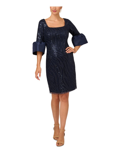 ADRIANNA PAPELL Womens Navy Sequined Zippered Lined Lace Bell Sleeve Square Neck Above The Knee Cocktail Sheath Dress 14