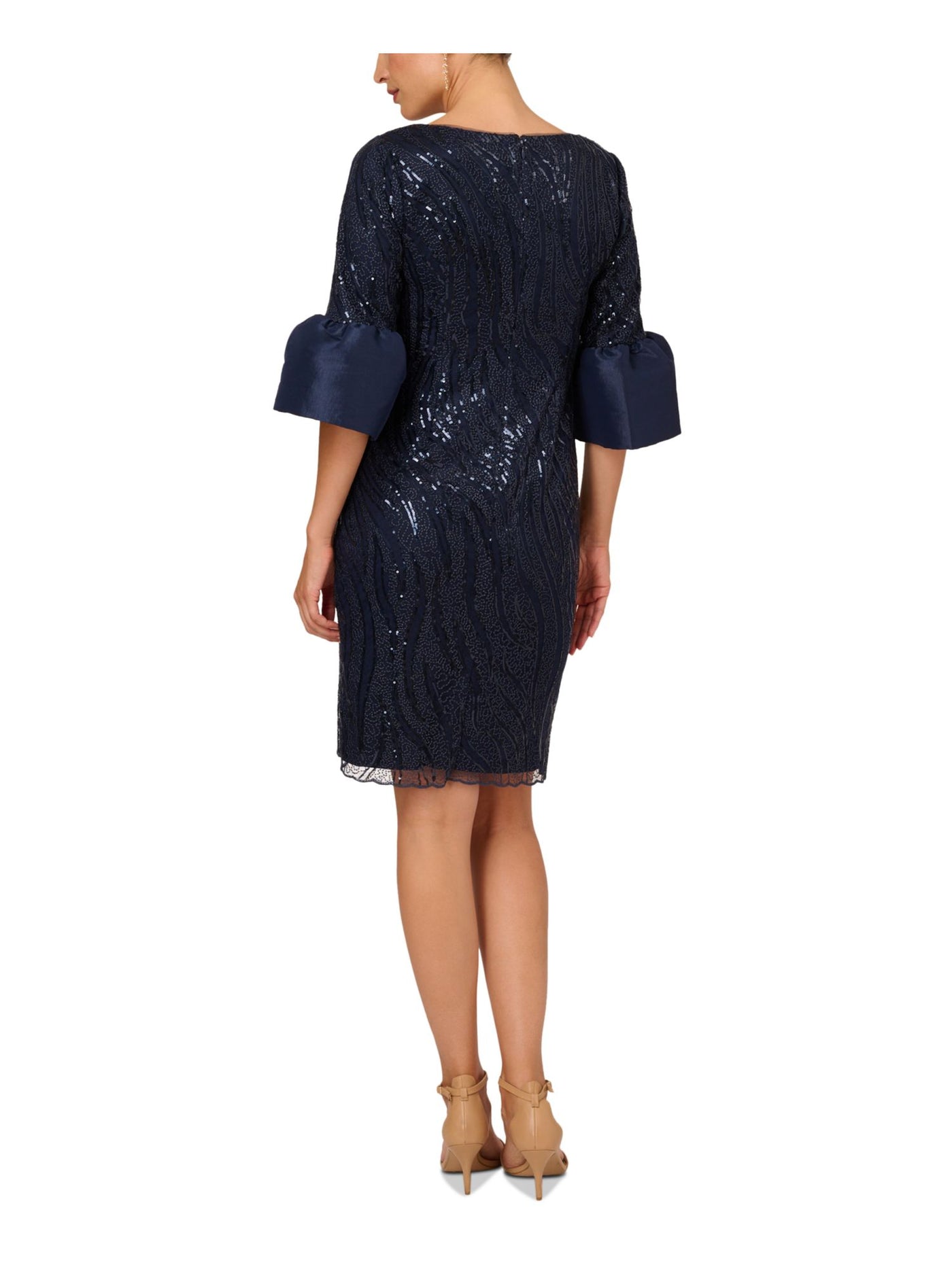 ADRIANNA PAPELL Womens Navy Sequined Zippered Lined Lace Bell Sleeve Square Neck Above The Knee Cocktail Sheath Dress 14