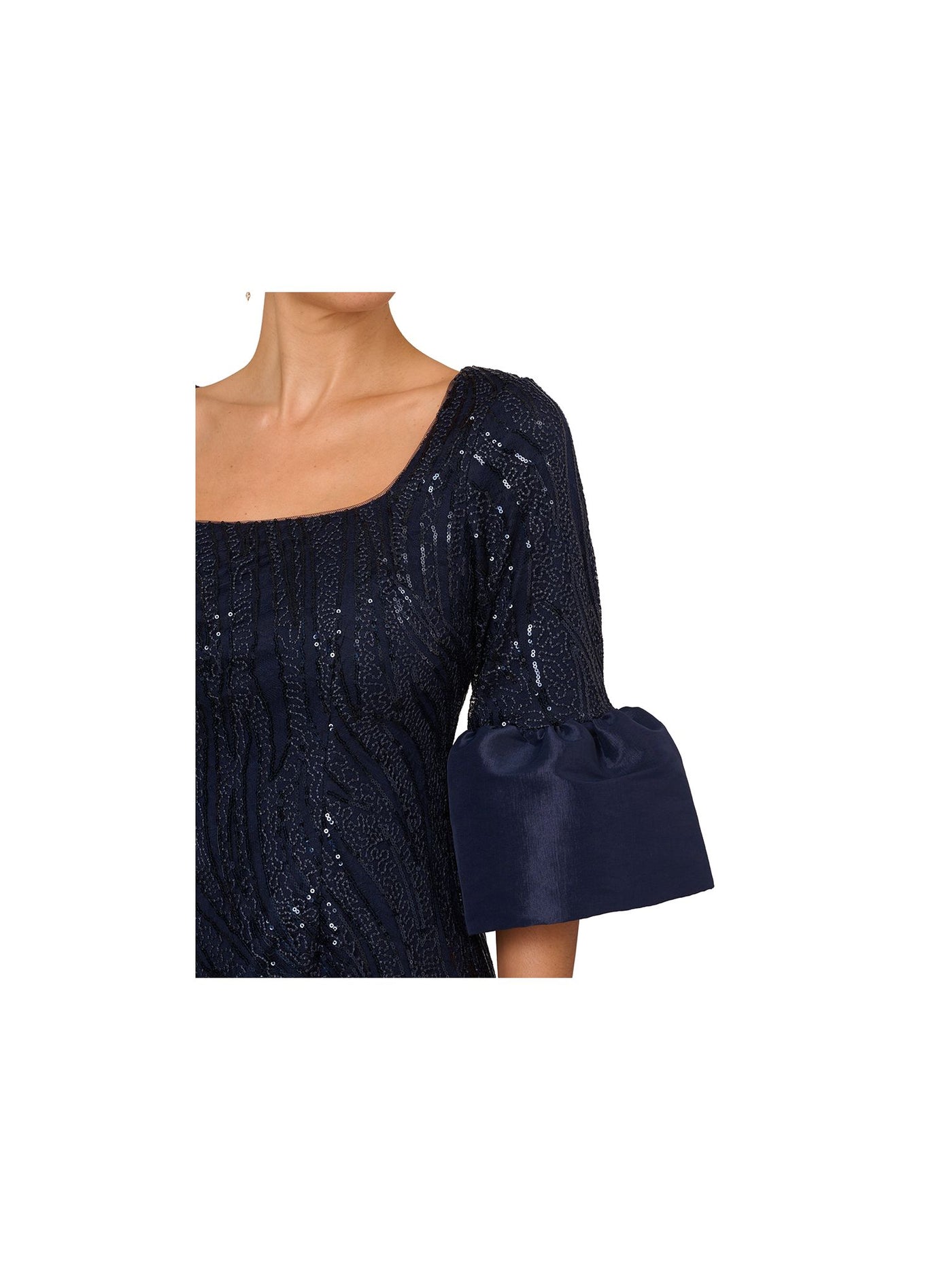 ADRIANNA PAPELL Womens Navy Sequined Zippered Lined Lace Bell Sleeve Square Neck Above The Knee Cocktail Sheath Dress 14