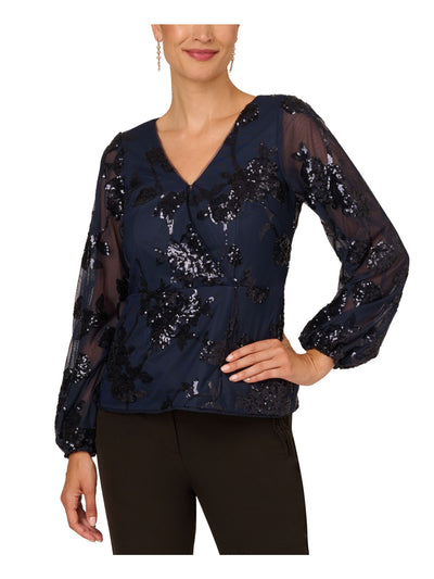 ADRIANNA PAPELL Womens Navy Mesh Zippered Lined Long Sleeve Surplice Neckline Party Faux Wrap Top 4