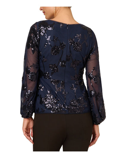 ADRIANNA PAPELL Womens Navy Mesh Zippered Lined Long Sleeve Surplice Neckline Party Faux Wrap Top 4