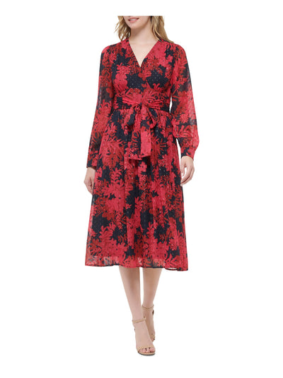 TOMMY HILFIGER Womens Zippered Cuffed Sleeve Surplice Neckline Midi Wear To Work Shift Dress