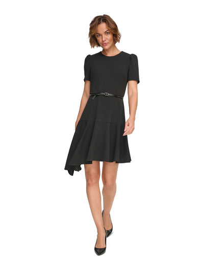 DKNY Womens Black Belted Zippered Asymmetrical Hem Tiered Short Sleeve Round Neck Above The Knee Cocktail Fit + Flare Dress 8