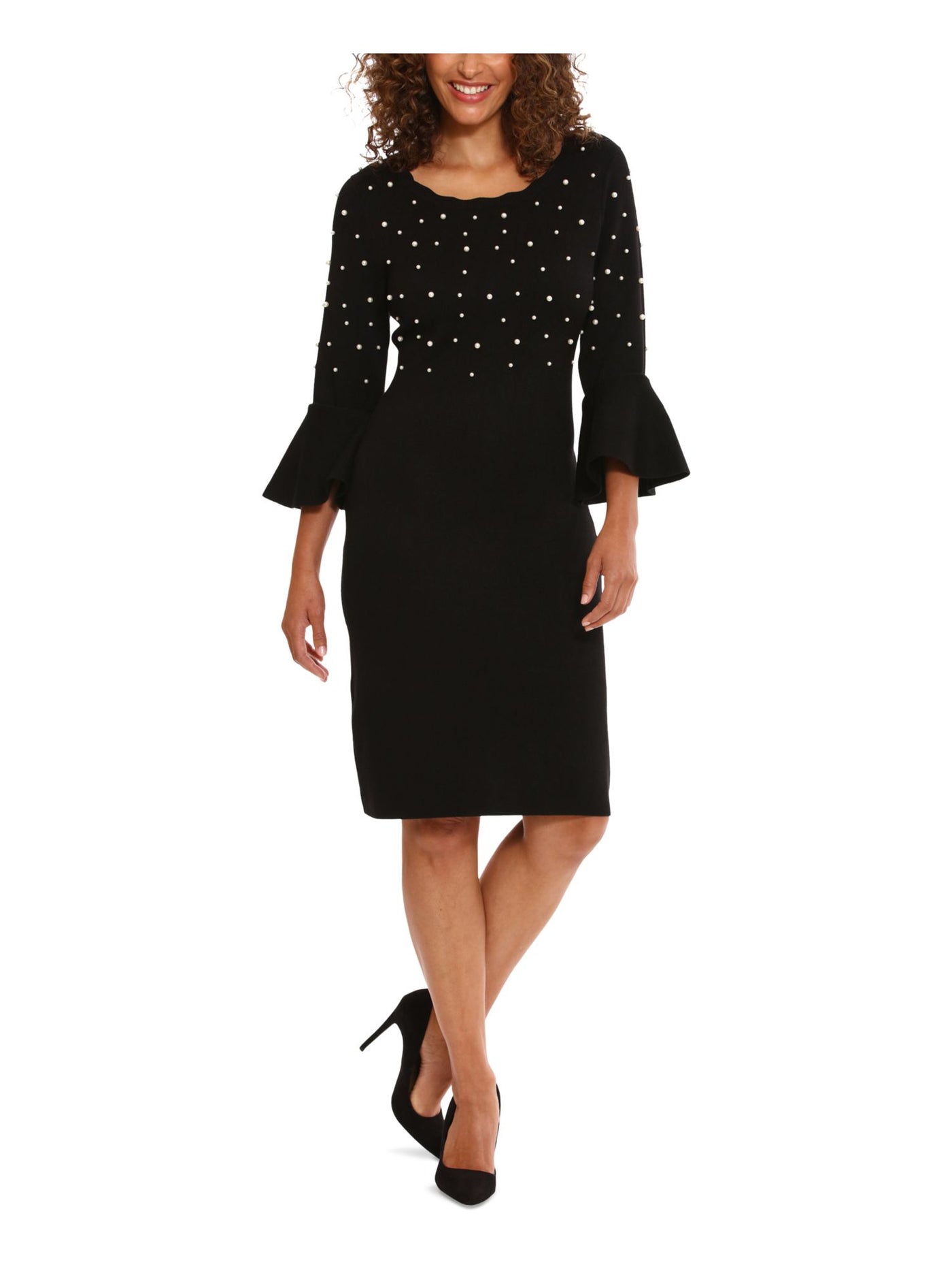 LONDON TIMES Womens Black Knit Embellished Unlined Flared Cuffs Pullover 3/4 Sleeve Crew Neck Above The Knee Wear To Work Sheath Dress L