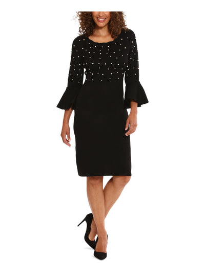 LONDON TIMES Womens Black Knit Embellished Unlined Flared Cuffs Pullover 3/4 Sleeve Crew Neck Above The Knee Wear To Work Sheath Dress L