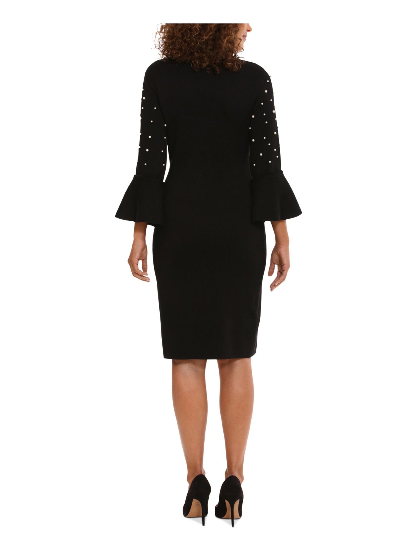 LONDON TIMES Womens Black Knit Embellished Unlined Flared Cuffs Pullover 3/4 Sleeve Crew Neck Above The Knee Wear To Work Sheath Dress L