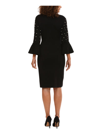 LONDON TIMES Womens Black Knit Embellished Unlined Flared Cuffs Pullover 3/4 Sleeve Crew Neck Above The Knee Wear To Work Sheath Dress L