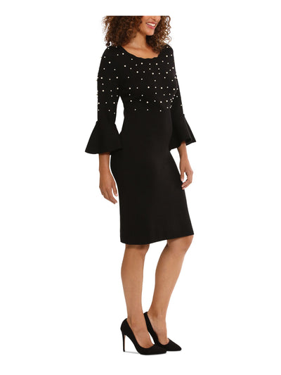 LONDON TIMES Womens Black Knit Embellished Unlined Flared Cuffs Pullover 3/4 Sleeve Crew Neck Above The Knee Wear To Work Sheath Dress L