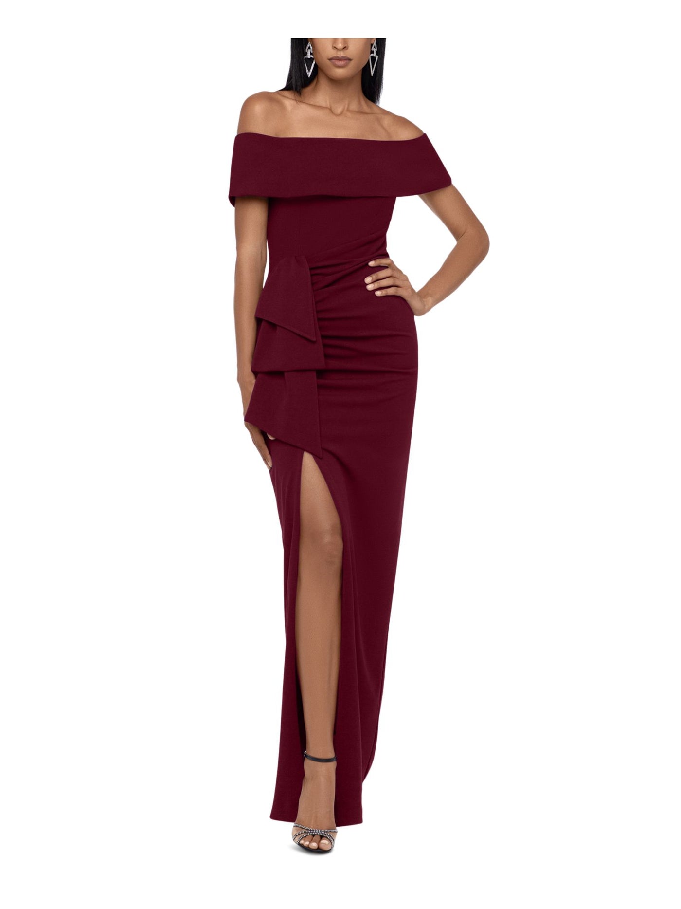 XSCAPE Womens Burgundy Zippered Slitted Lined Ruched Ruffled Short Sleeve Off Shoulder Full-Length Evening Gown Dress 10