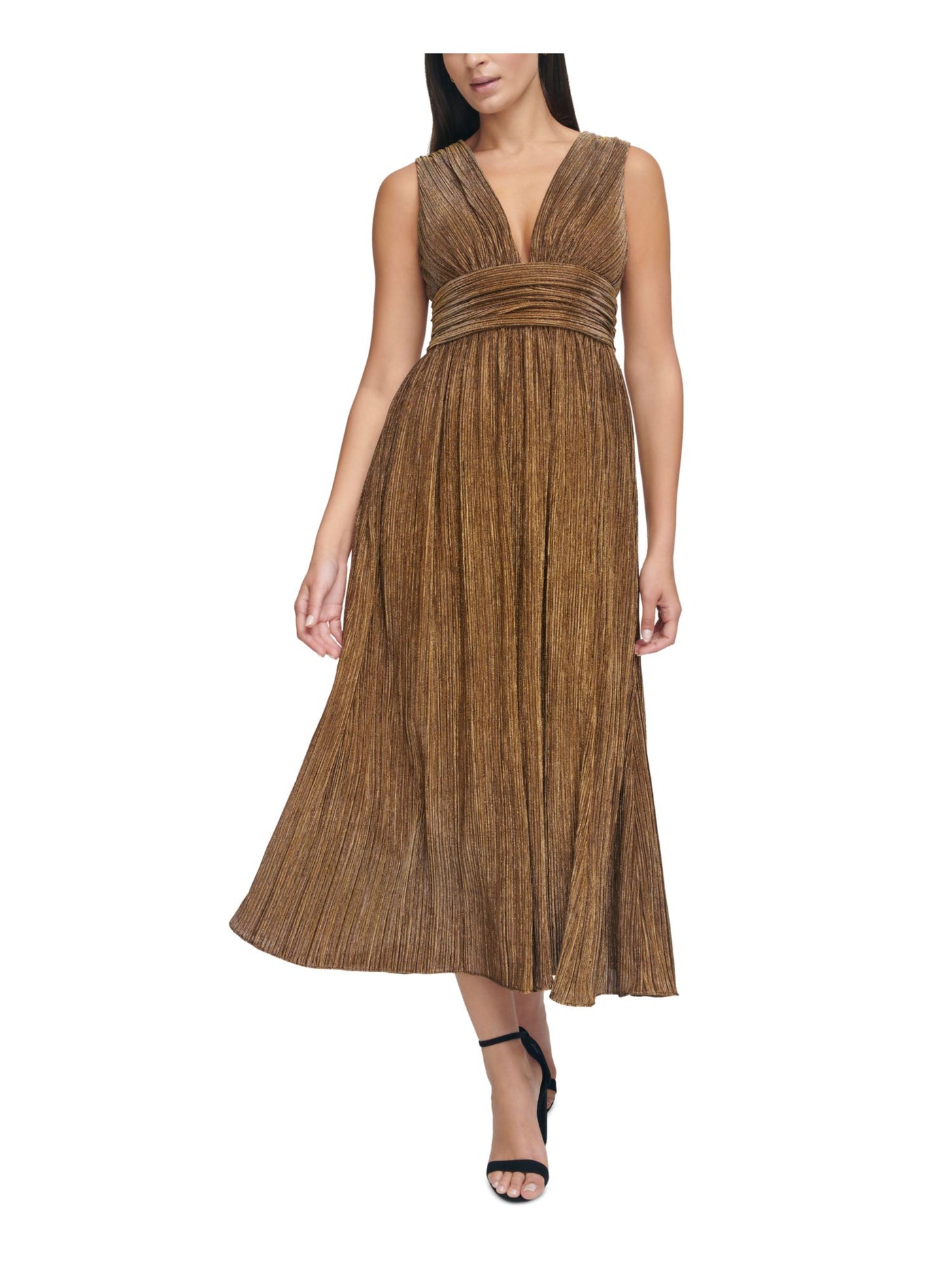 GUESS Womens Gold Pleated Zippered Lined Gathered Metallic Sleeveless V Neck Maxi Cocktail Empire Waist Dress 6